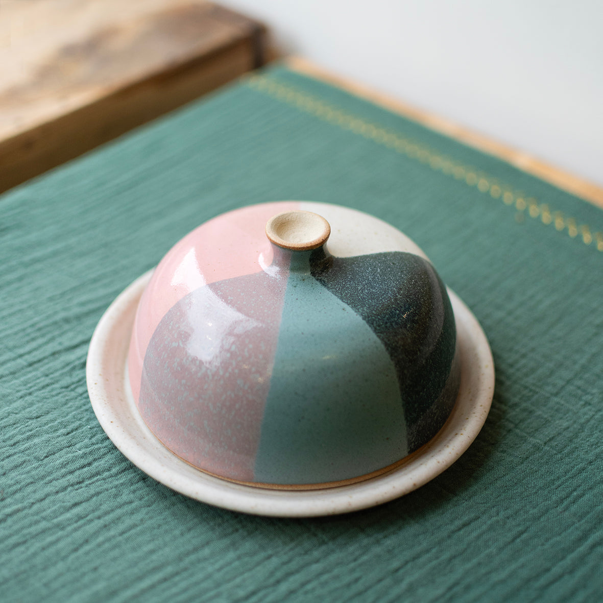 Bristol Trio Glaze Butter Dish - Jade & pink by Liz Vidal - THE BRISTOL ARTISAN