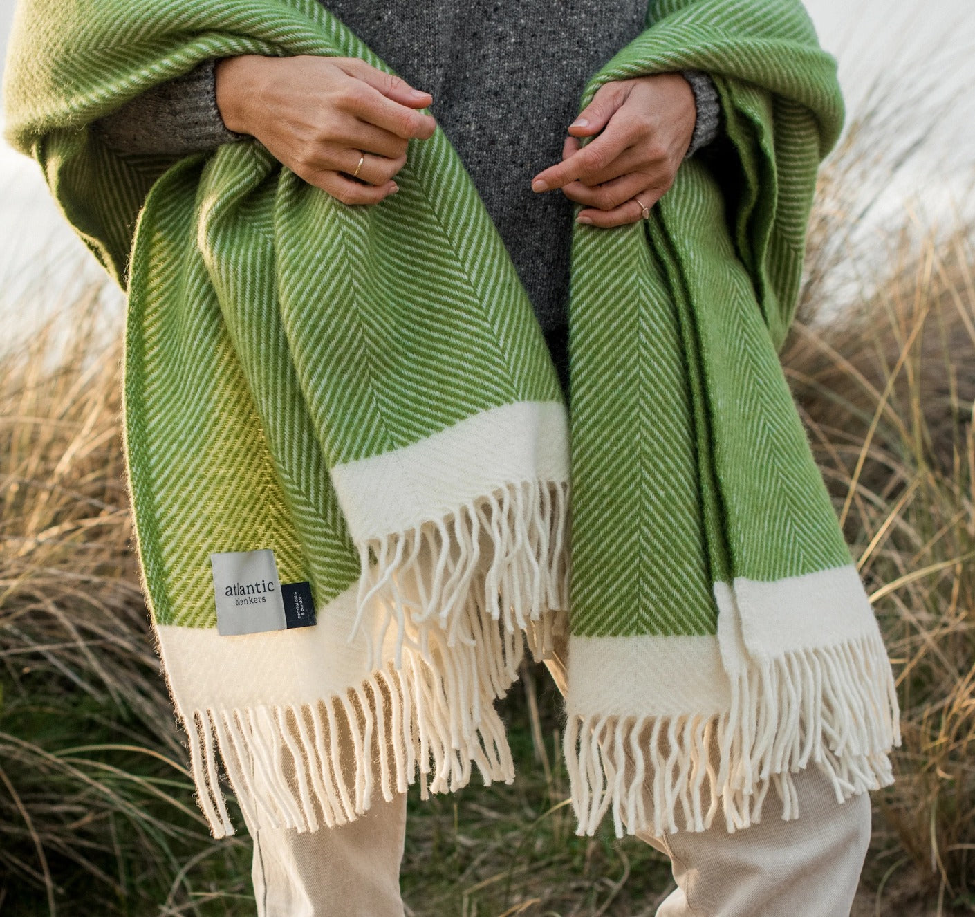 Kelp Green Herringbone Wool Throw Blanket - THE BRISTOL ARTISAN