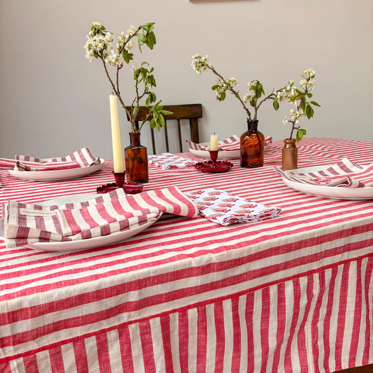 Woven Poppy Stripe Tablecloth – 100% Cotton