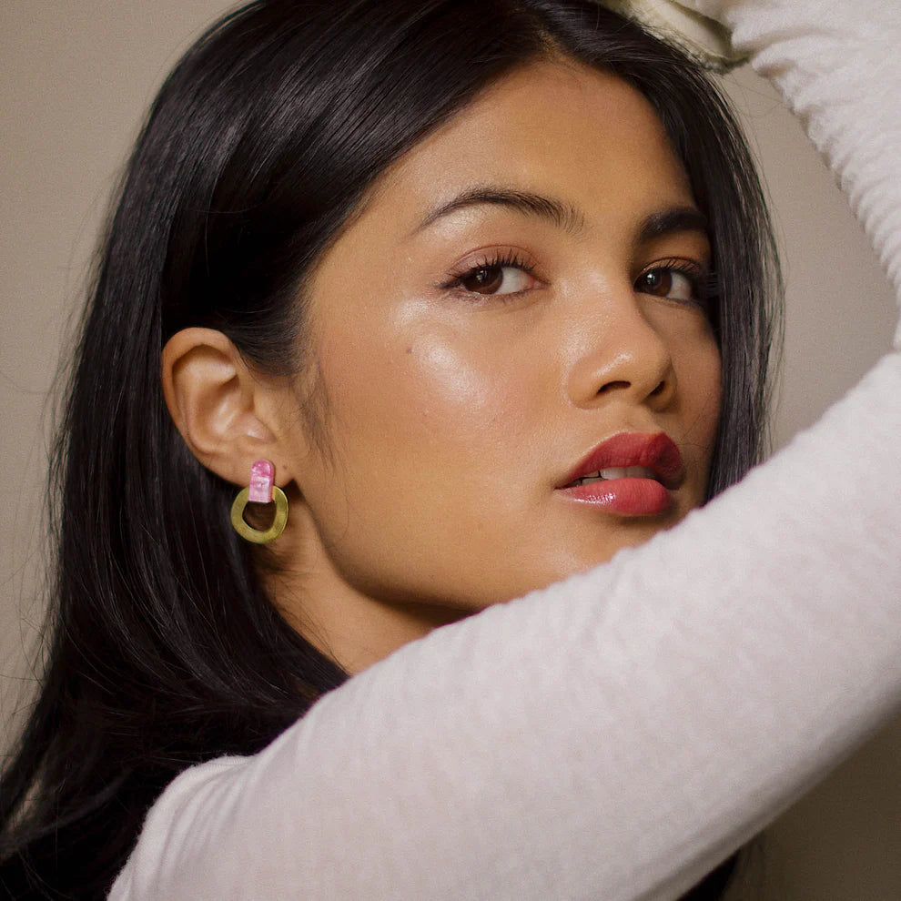 Around Brass Stud Earrings in Pink - THE BRISTOL ARTISAN