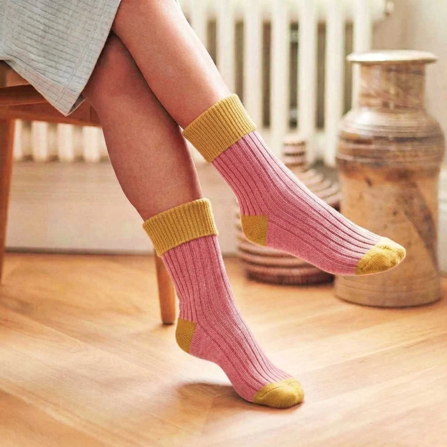 Cashmere Blend Slouch Socks - Dusky Pink & Gold - UK 4-7 - THE BRISTOL ARTISAN