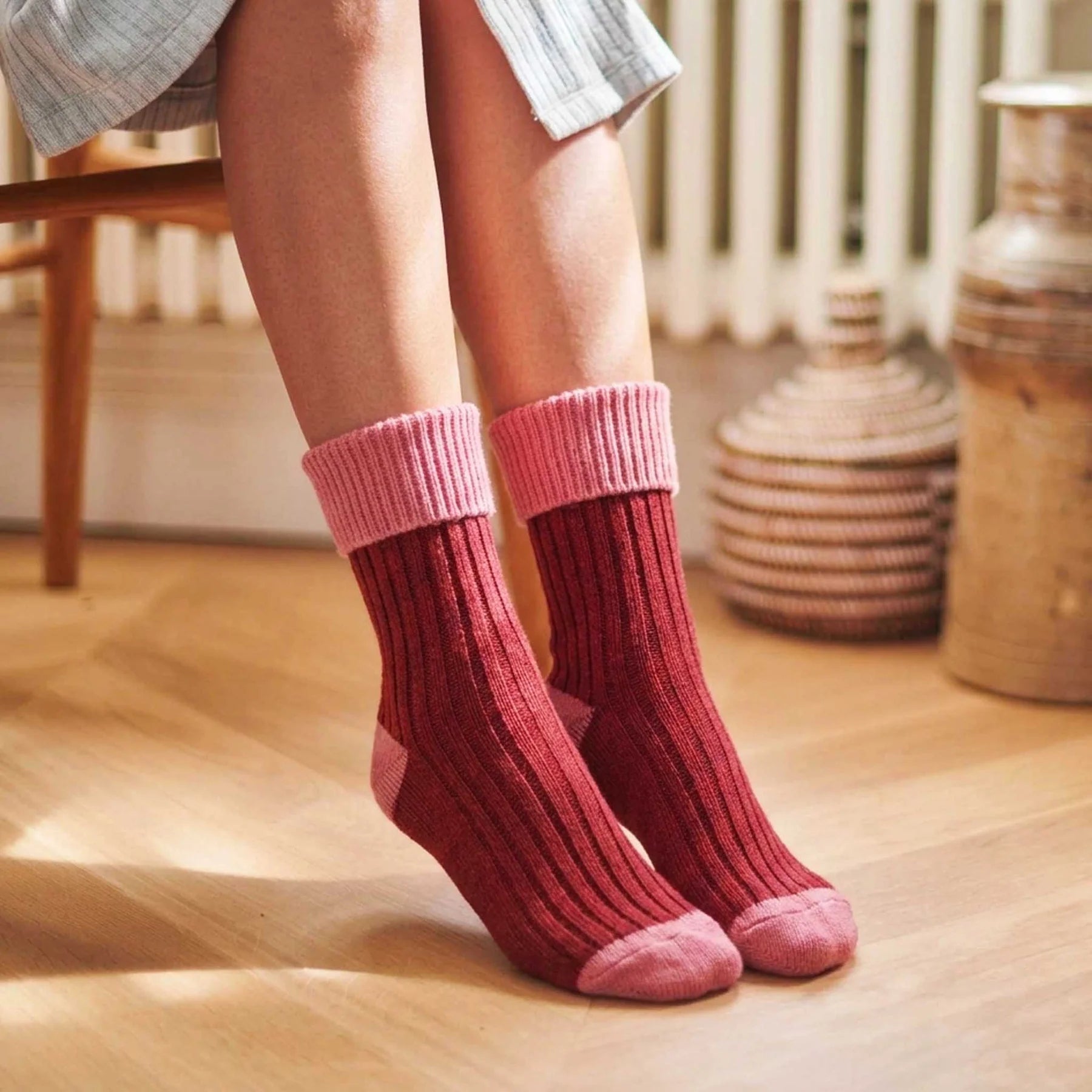 Cashmere Blend Slouch Socks - Red & Dusky Pink - UK 4-7 - THE BRISTOL ARTISAN