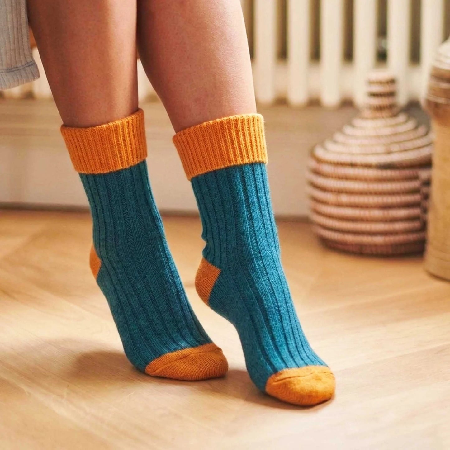 Cashmere Blend Slouch Socks - Teal & Rust - UK 4-7 - THE BRISTOL ARTISAN