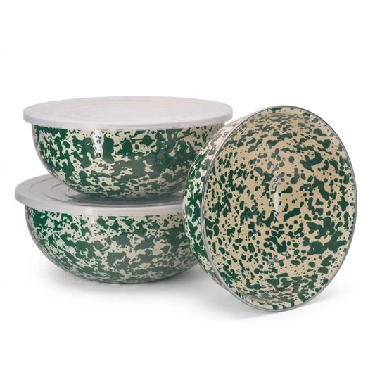 Green Splatter Enamel Lidded Storage Bowl - Three sizes available - THE BRISTOL ARTISAN