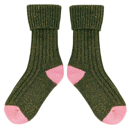 Unisex Recycled Silk Blend Ribbed Socks - Green & Dusky Pink - UK 4-7 - THE BRISTOL ARTISAN