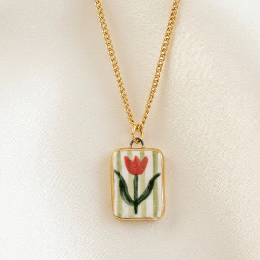 Tulip Green Stripe Ceramic Pendant Necklace - THE BRISTOL ARTISAN